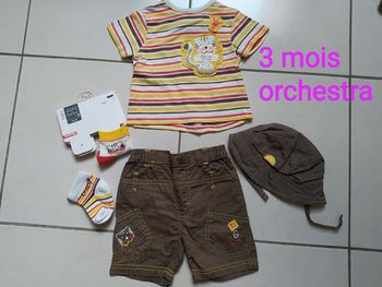 Ensemble t -shirt manches courtes, short , chapeau et chaussettes 3 mois Orchestra
