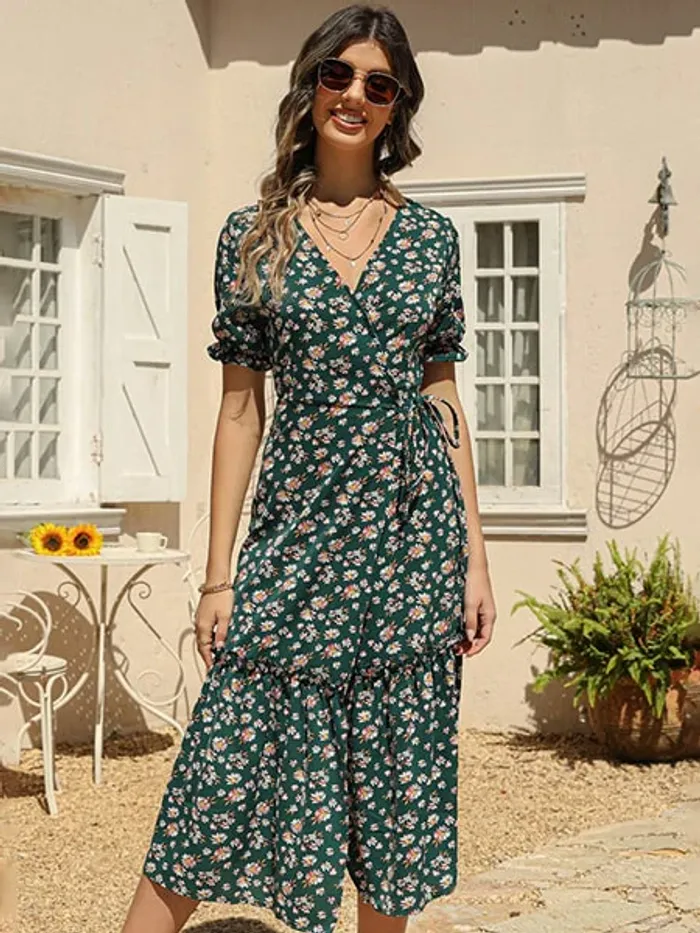 Robe Maxi Portefeuille Fleurie à Volants - Vert / XXL - Princesse fleurie - photo numéro 5
