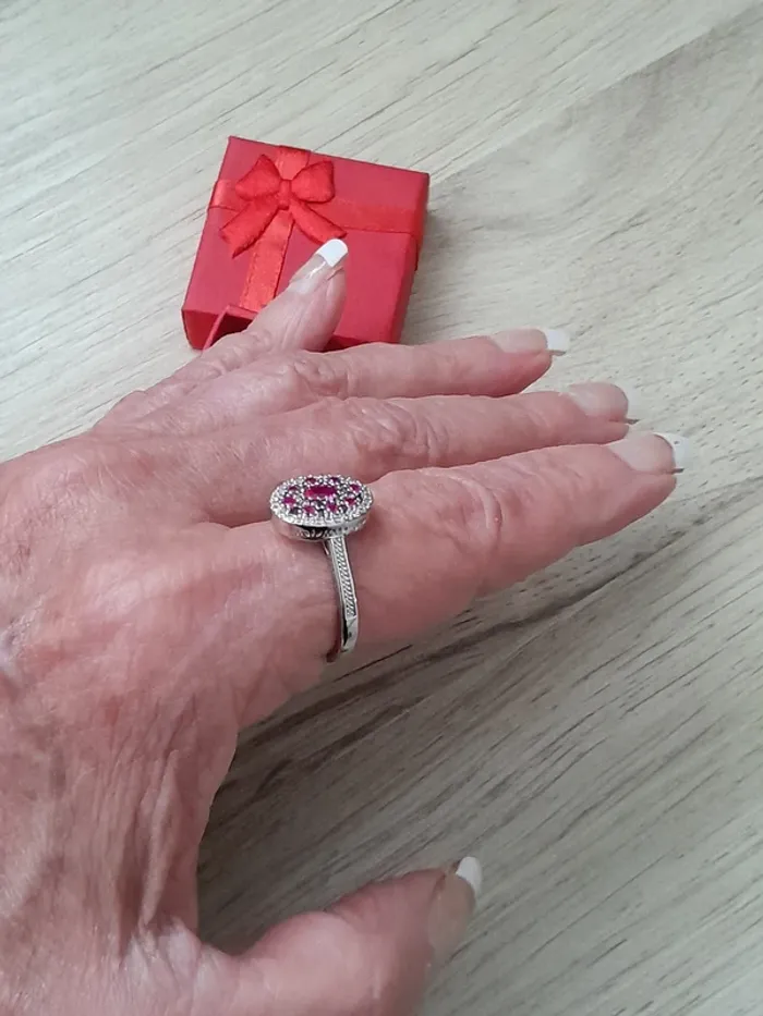 Bague avec strass roses couleur argentée, taille 60 - photo numéro 6