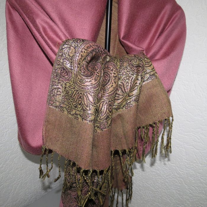 ✨ Écharpe / Châle pashmina bicolore – Rose ancien & motifs cachemire dorés ✨ - photo numéro 7