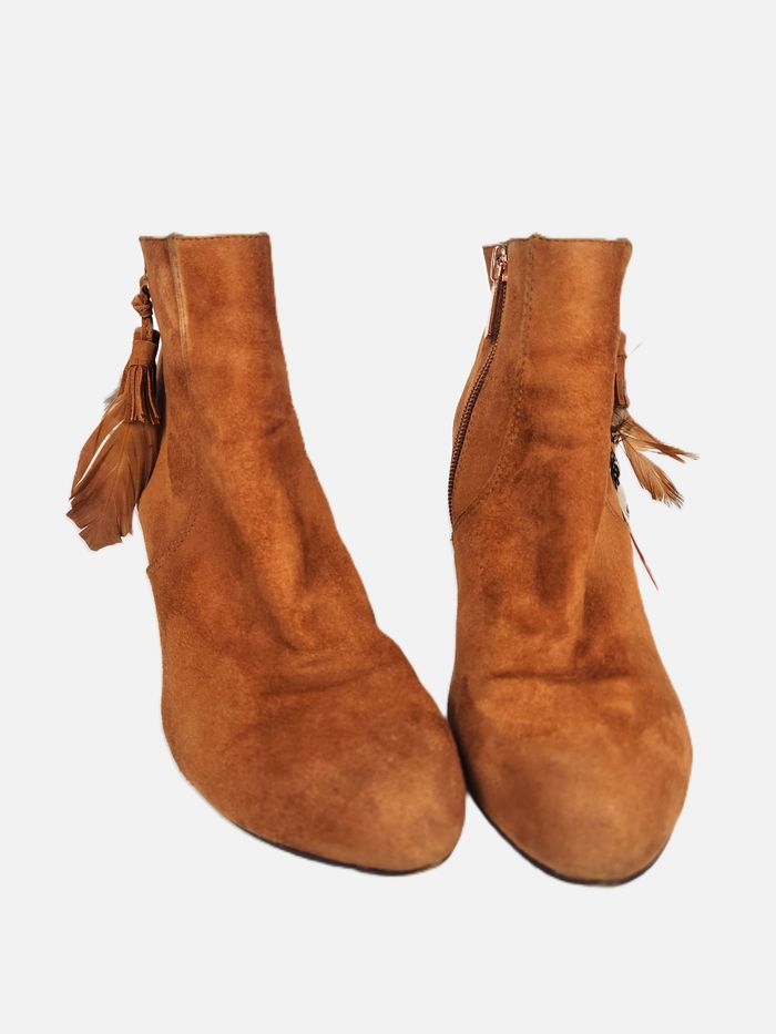 Bottines Bocage Femme Daim Marron Franges Plumes Taille 36 Talon Fermeture Éclair