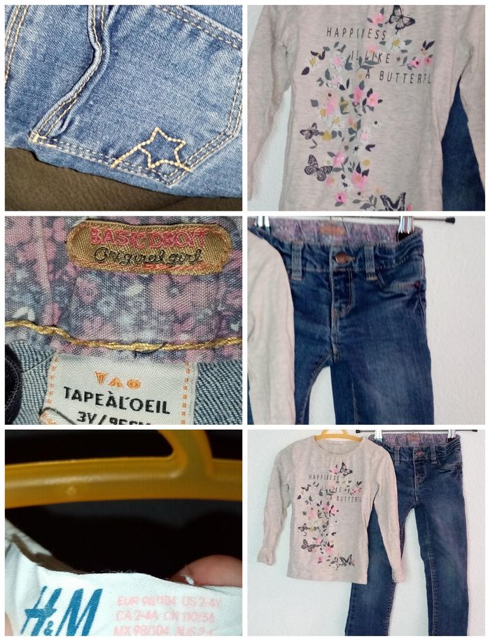 3 ans Ensemble 2 p tao, h&m Tee-shirt fleuri et jean bleu toutes saisons /Excellent état - photo numéro 3