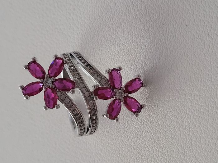 Bague ajustable acier inoxydable argenté avec fleurs zircon rose - photo numéro 1
