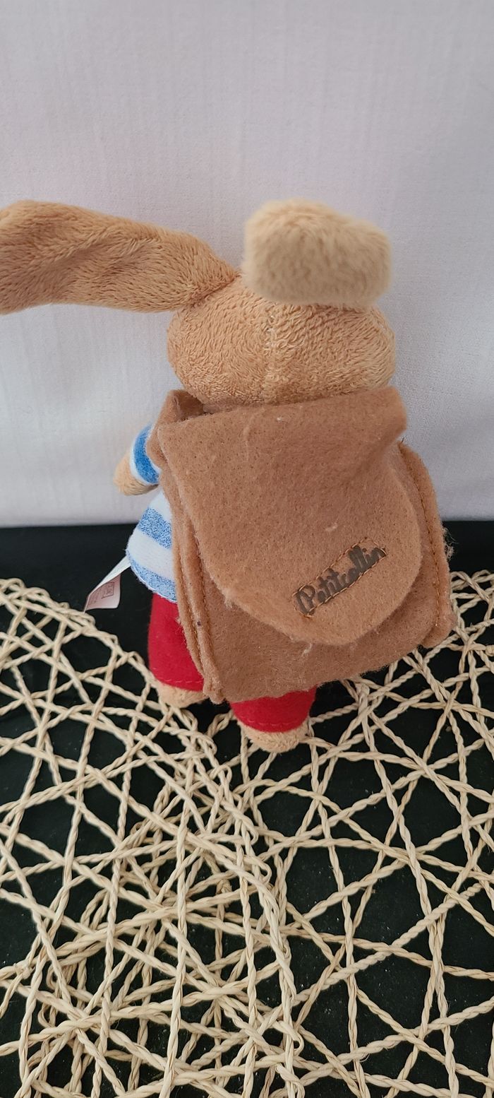 Doudou peluche lapin beige Corentin kleine Huppel 20 cm rouge tee-shirt rayures - photo numéro 2