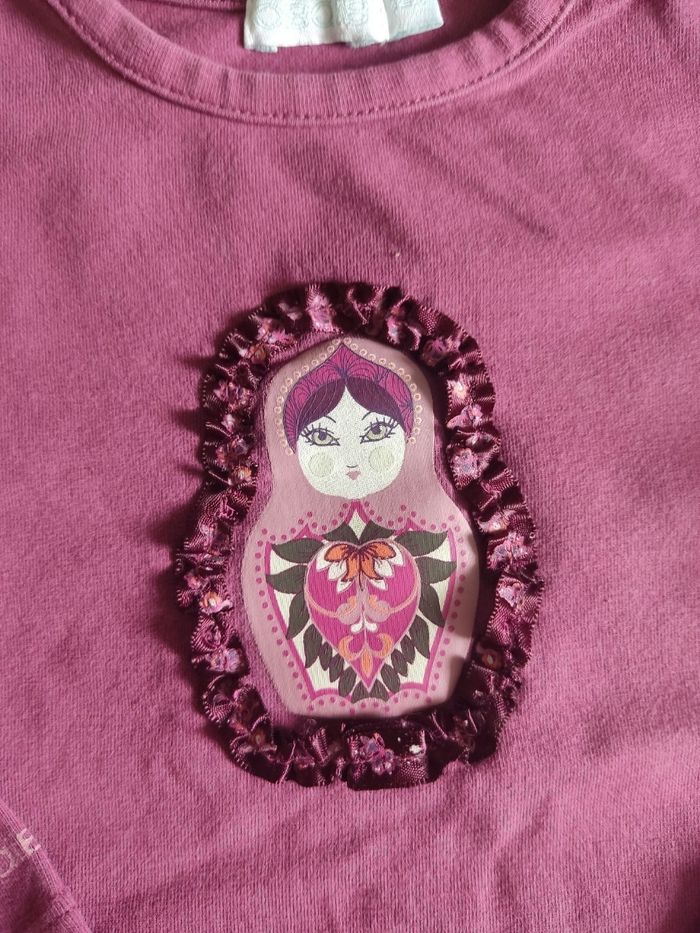 Pull fin manches longues violet motif poupée russe 12 mois Obaïbi - photo numéro 2