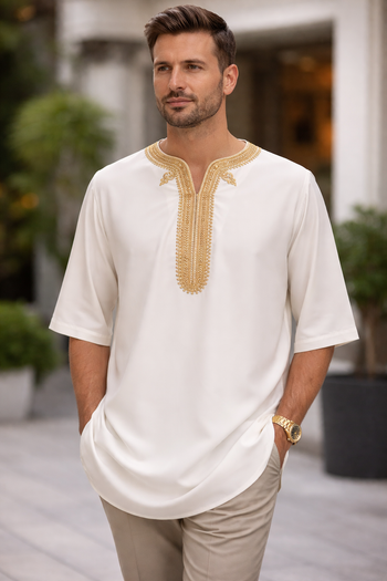 Tunique Homme Brodée en Coton – Beige | Taille XL