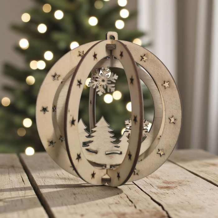 Boule de Noël  en bois  3D  , ornement de Noël,  décoration de sapin de Noël