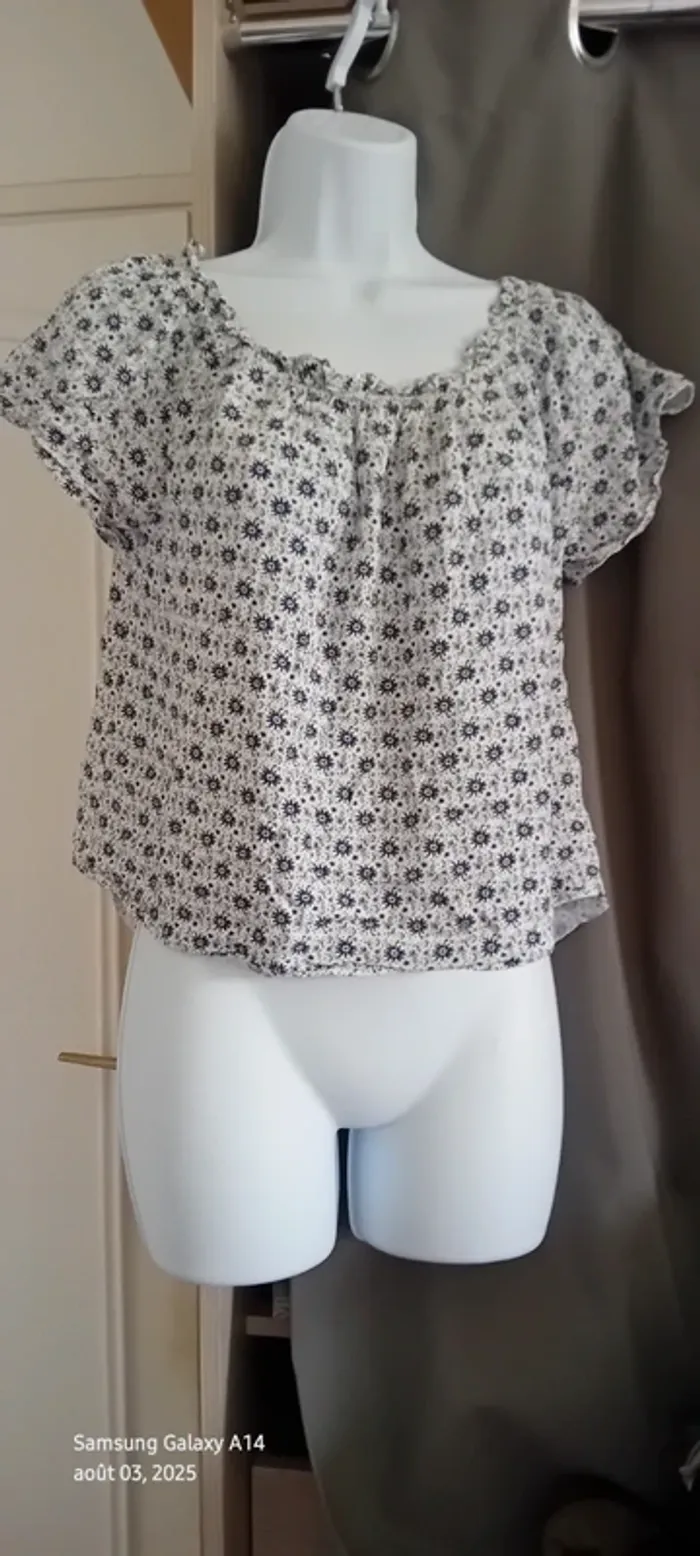 Blouse courte large col Bardot elastique potif fleurs bleu femme 38 clockhouse
