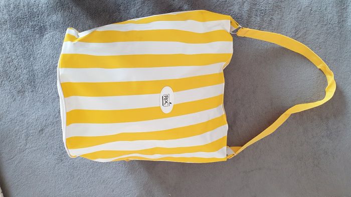 Neuf grand sac de plage besace à rayures jaunes et blanches Roc