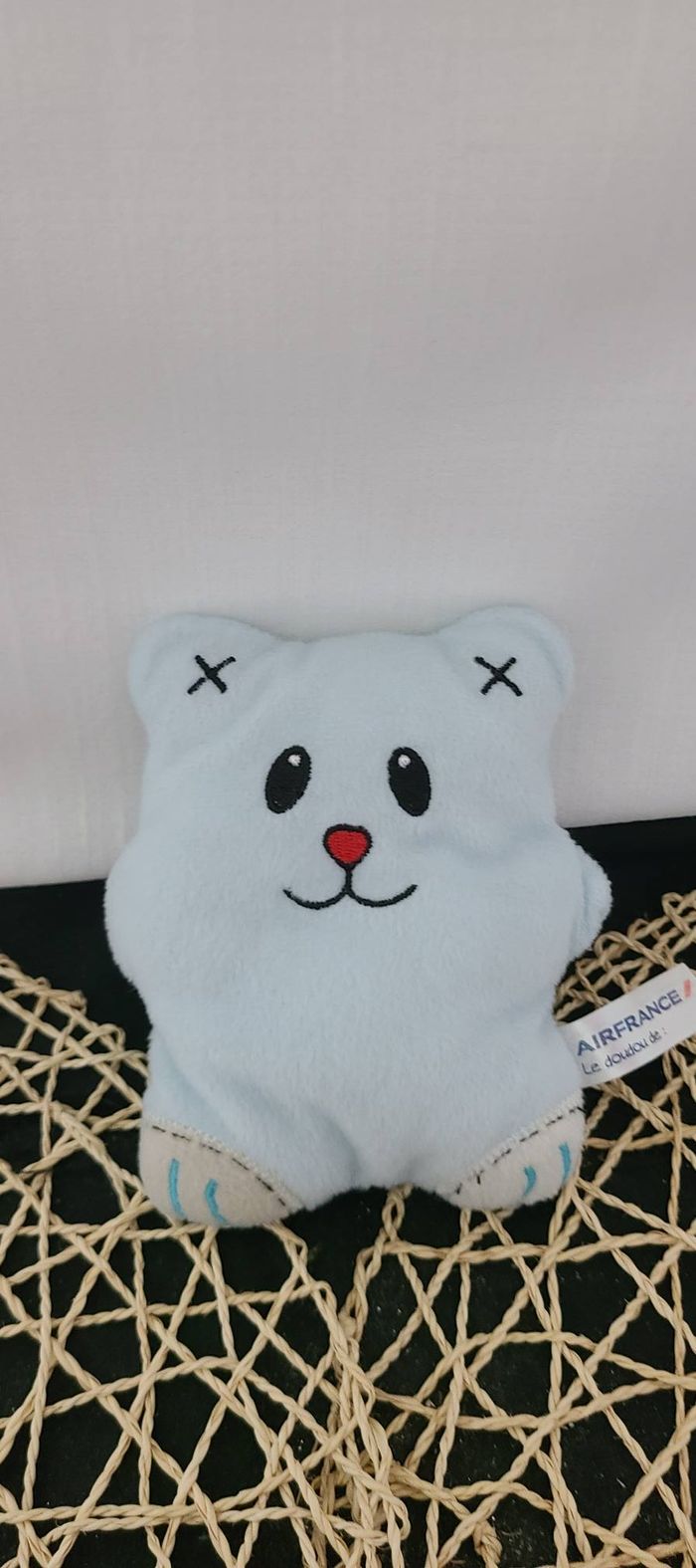 Doudou semi plat ours AIR FRANCE bleu grelot 16 cm