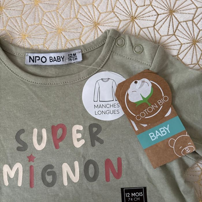 TEE shirt coton BIO  12mois manche longue « super mignon » Neuf NPO - photo numéro 4