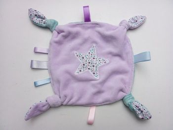 Doudou mouchoir fille  unique, motif étoile, mauve, vert eau, bleu ciel