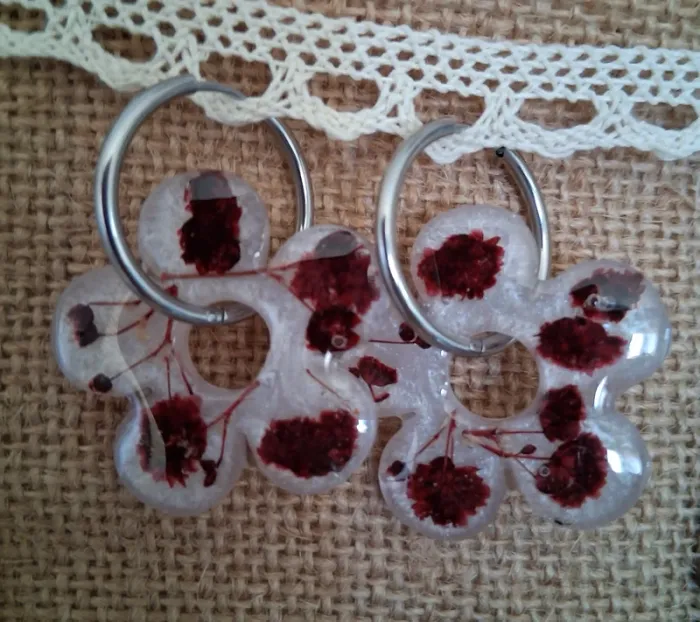 1 paire de boucles d'oreilles anneaux grandes pampilles fleurs séchées - photo numéro 2