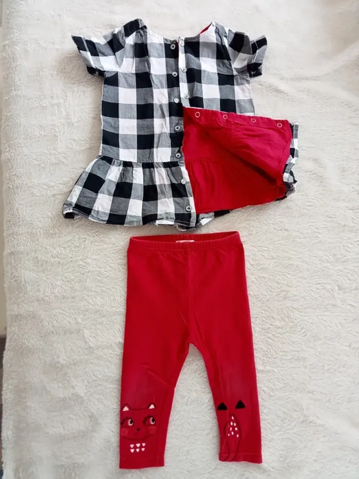 Robe a carreaux + legging rose 12 mois - 74cm