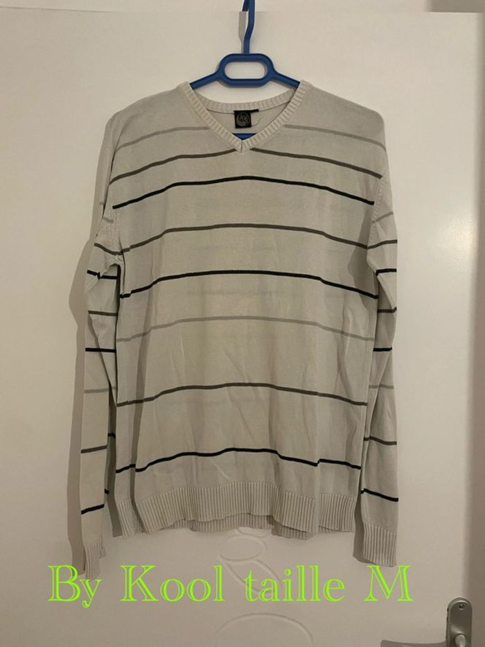 Pull fin à manches longues blanc à rayure gris noir By Kool taille M
