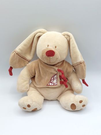 Ancien doudou peluche lapin Bastien NICOTOY beige marron rouge bordeaux 25 cm