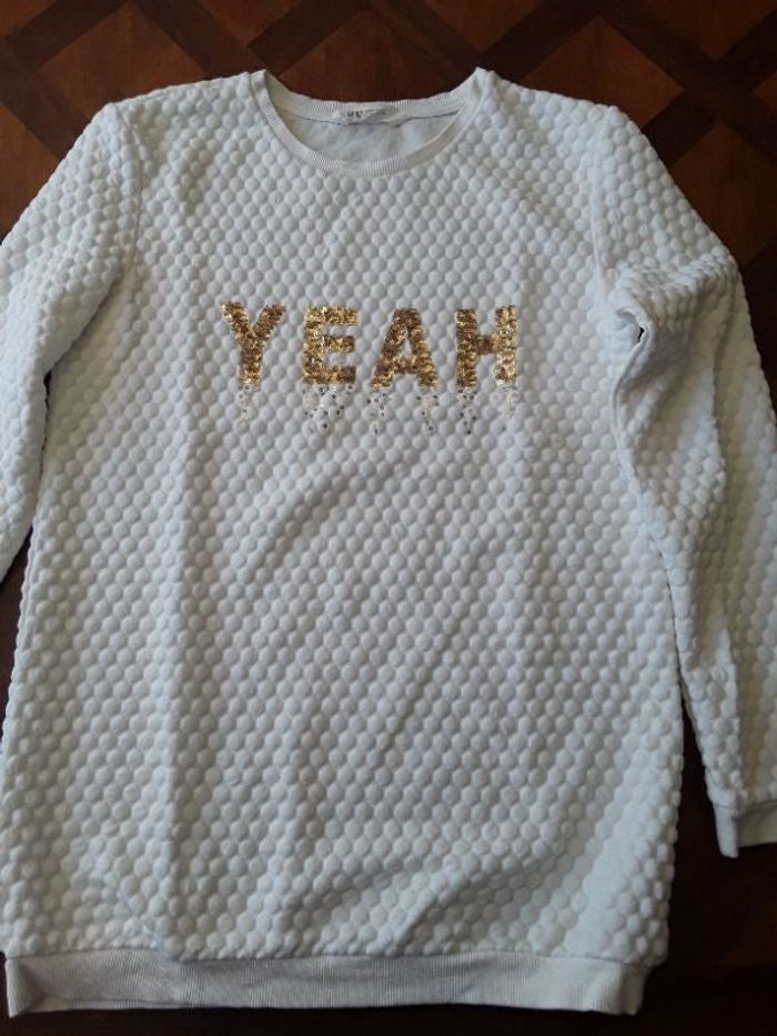 Sweat léger blanc inscription dorée sequins fille 14 ans H&M TBE