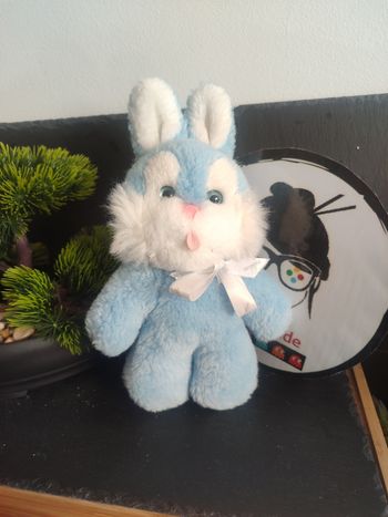 lapin bleu blanc nounours peluche lapin doudou ancien noeud grelot rose vintage