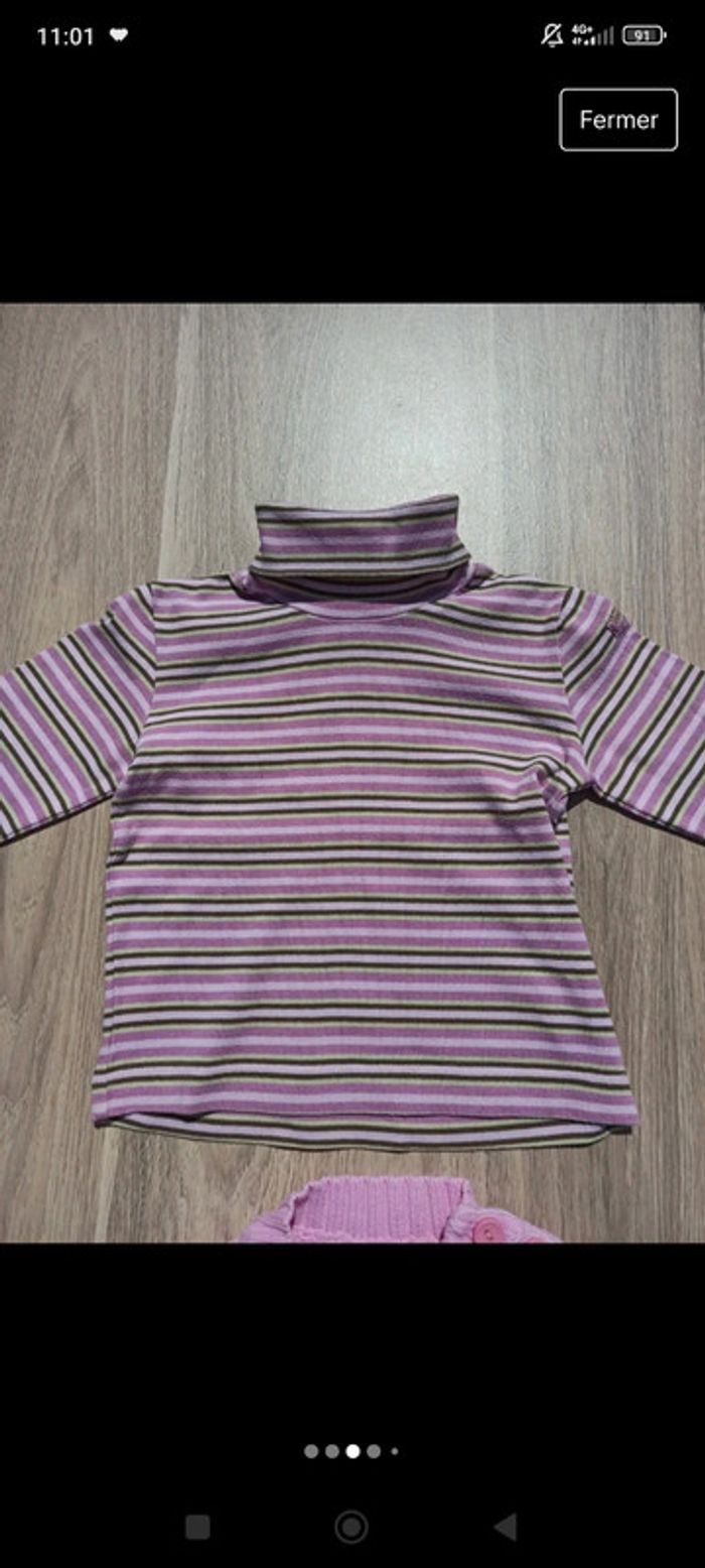 T-shirt col roulé rayé 98%cotton Décathlon et pull sans manches rose 100%cotton 2 ans - photo numéro 3