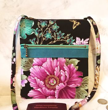Petit sac artisanal bandoulière coton floral japonais rose, turquoise, noir