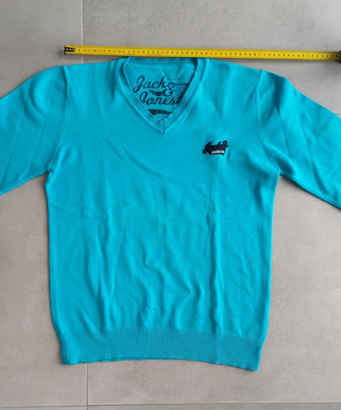 Pull à col V léger bleu turquoise Jack and Jones homme taille M logo brodé - photo numéro 10