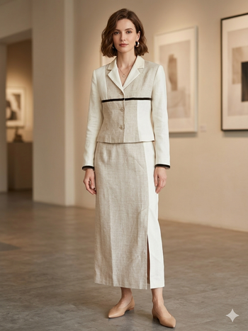 Ensemble veste et jupe Ecru beige et marron doublé Taille 38 Jacqueline Riu Neuf