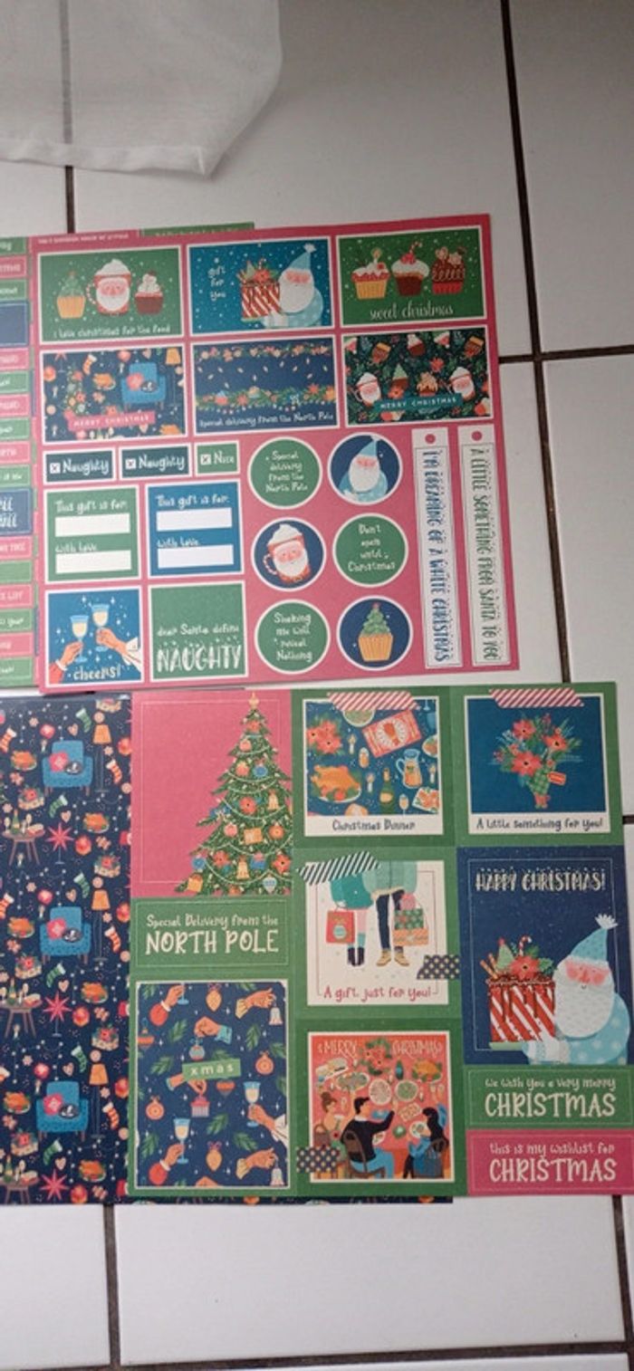 Lot de 7 feuilles scrapbooking Noël bleu vert et rouge - photo numéro 3