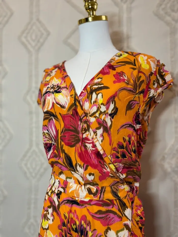 Robe portefeuille fleurie orange fuchsia – Taille 46 – cottage coquette tradwife - photo numéro 2