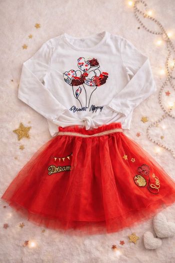 Ensemble fille jupe tulle rouge et haut blanc 4 ans