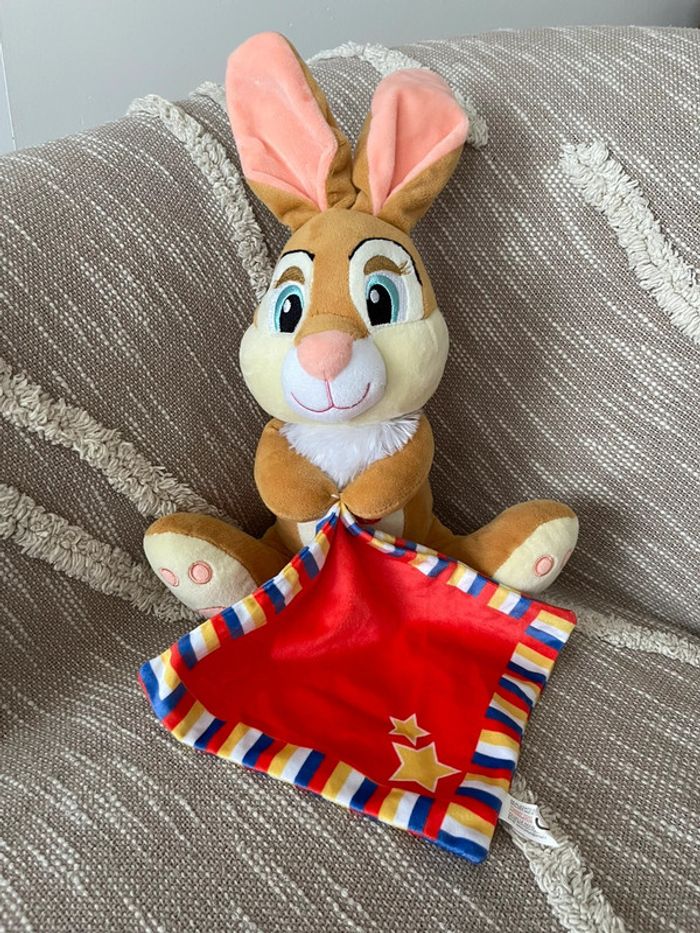 Peluche doudou mouchoir 30cm Disney bambi miss bunny lapin marron jaune et rouge parfait état