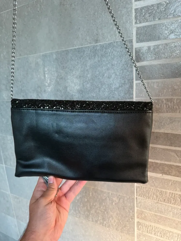 Pochette de soirée à paillettes noires – Chaîne argenté - photo numéro 4