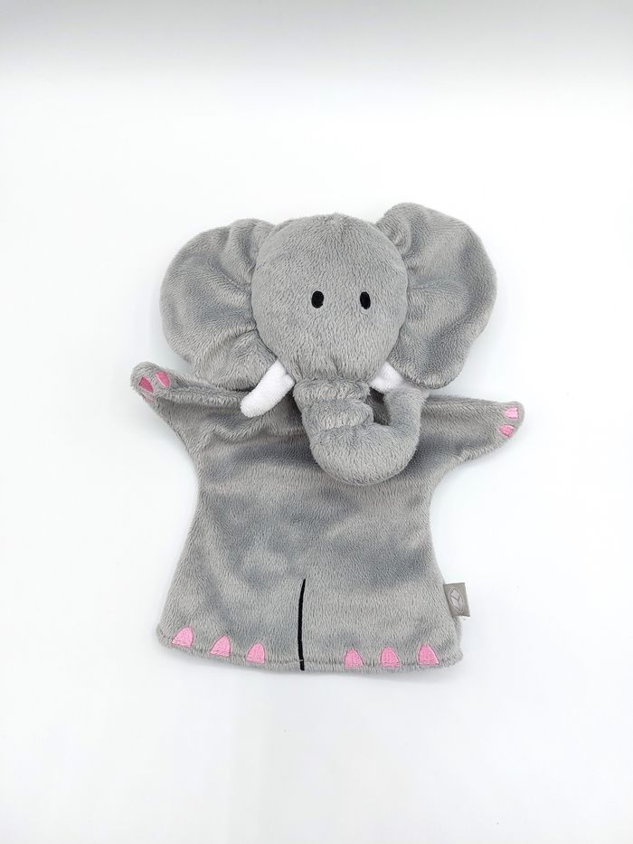 Doudou peluche marionnette éléphant Oxybul éveil et jeux gris blanc rose