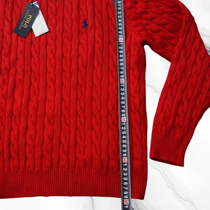 Pull torsadé col rond Polo Ralph Lauren rouge taille S logo brodé jaune - photo numéro 7