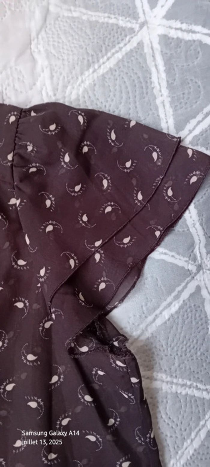 Blouse en voile manches volantées col cravate motif plumes marron femme L - photo numéro 14