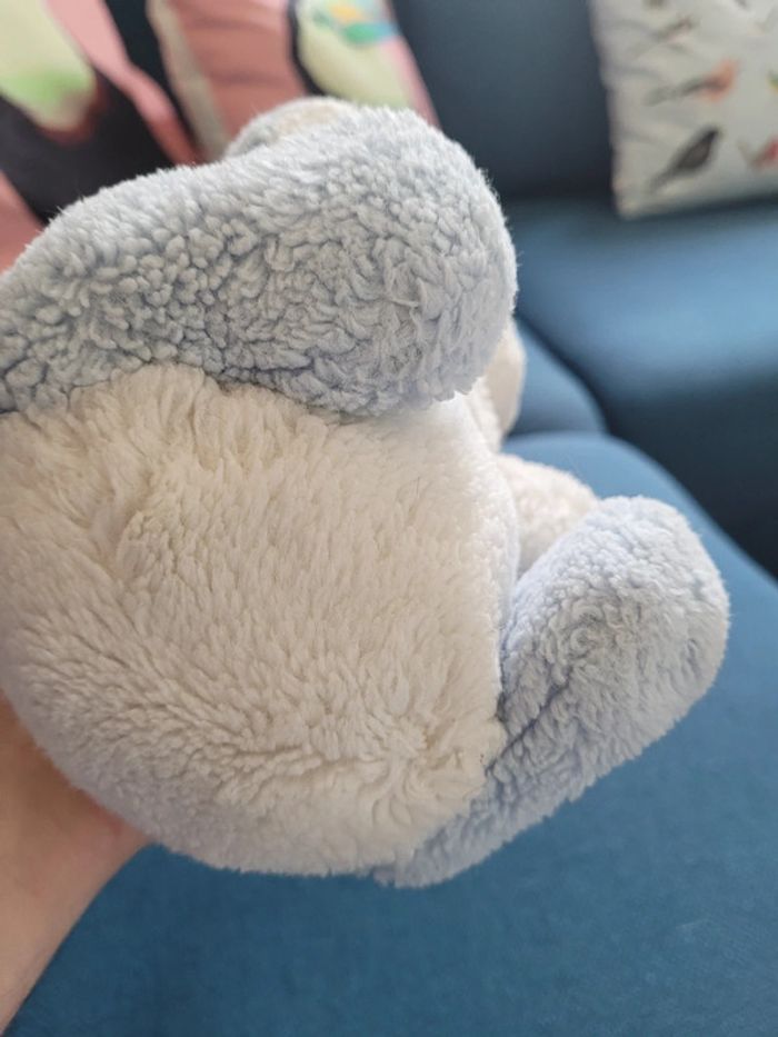 RARE Lapin assis bleu blanc Boulgom yeux bleu Made in France collection peluche doudou 26cm - photo numéro 8