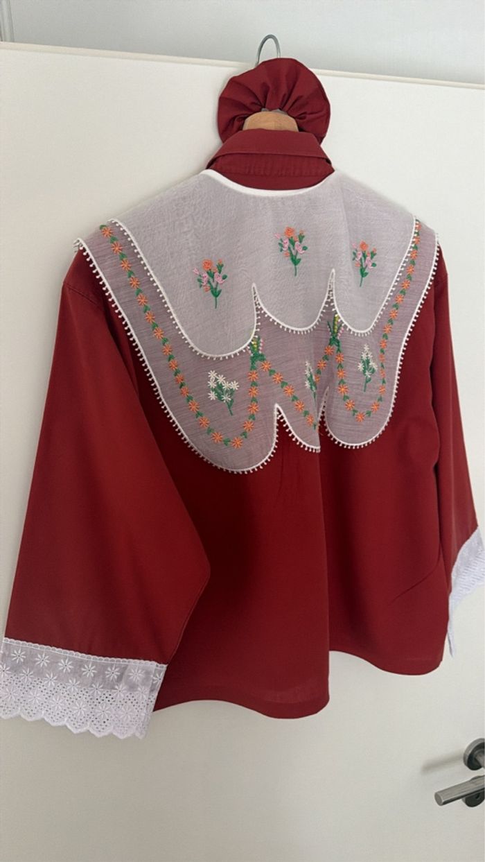 chemise coton fluide oversize rouge brique maxi col chic blanc brodé vintage - photo numéro 8