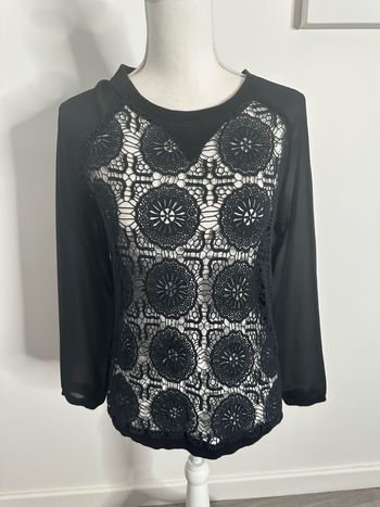 Blouse baroque en dentelle et mesh transparent noir Vintage T38 M