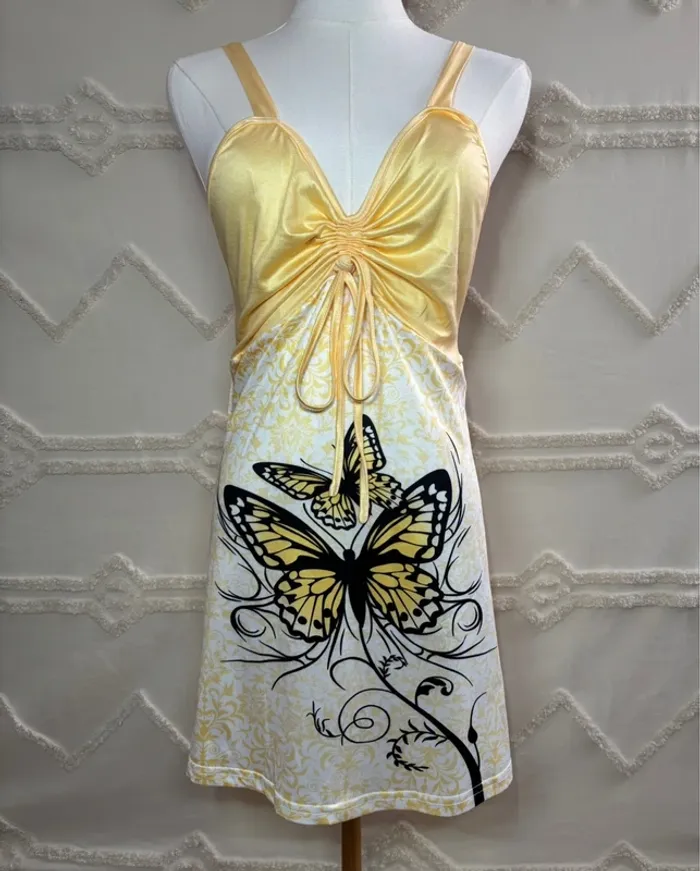 Tunique jaune satinée papillon – style y2k vintage fairycore – taille L
