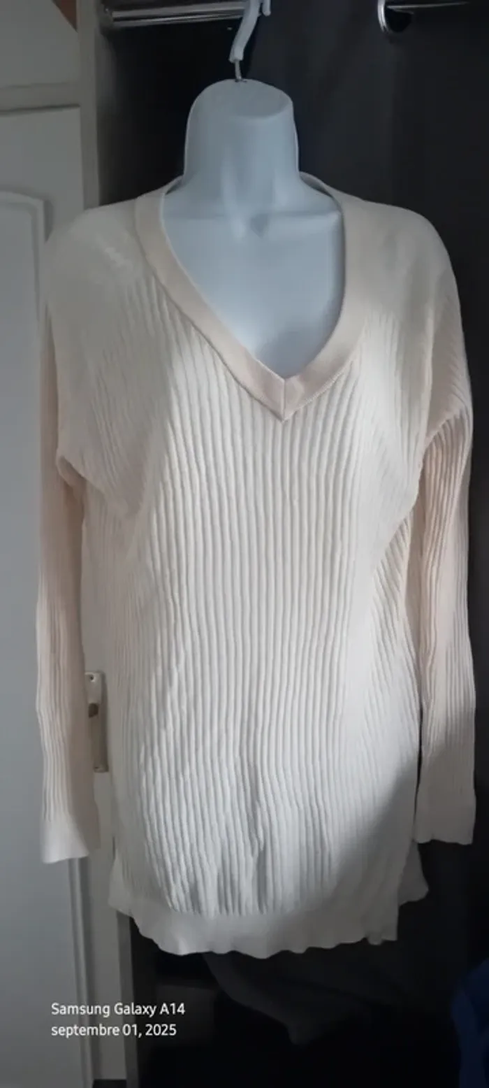 Pull tunique long léger col V manches longues maille côtelée crème femme L la redoute