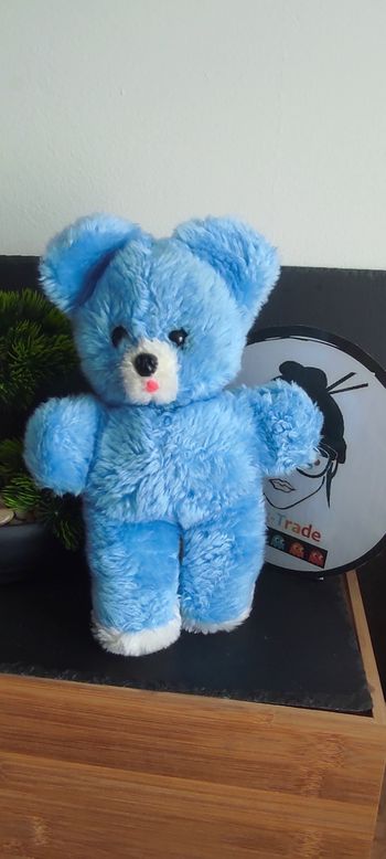 doudou peluche ours souris bleu blanc ancien vintage marron rose bille Yeux