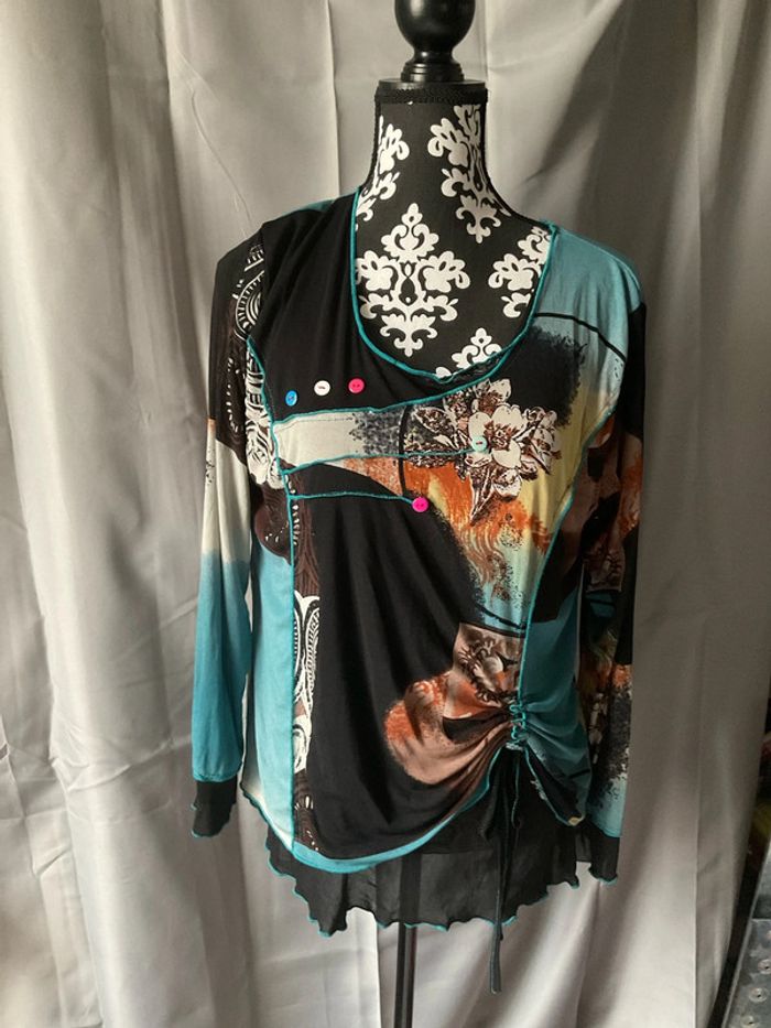 Blouse brune/turquoise/blanc en voile taille L (n°36)