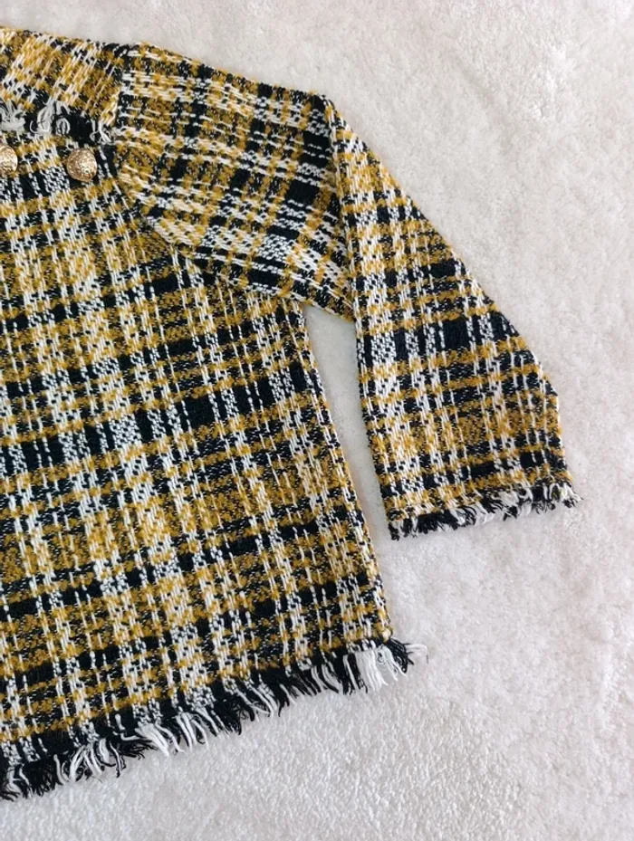 Blouse en laine tweed top Zara noir jaune blanc XS boutons doré vintage - photo numéro 7