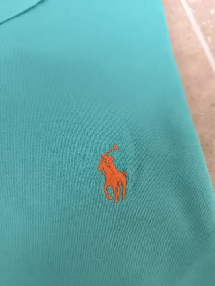 Polo Ralph Lauren homme L pima coton vert menthe logo orange excellent état petit défaut - photo numéro 2