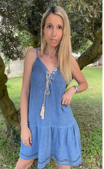 Robe bleue  bohème été coton et lin taille unique
