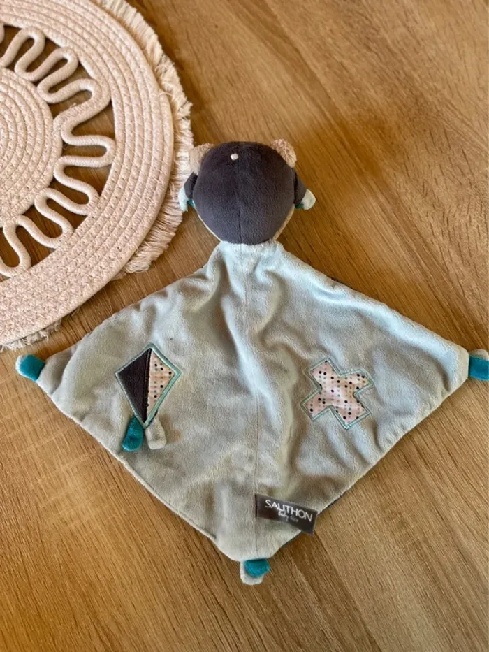 Doudou plat ours aviateur bleu et gris – Sauthon – Très bon état - photo numéro 2