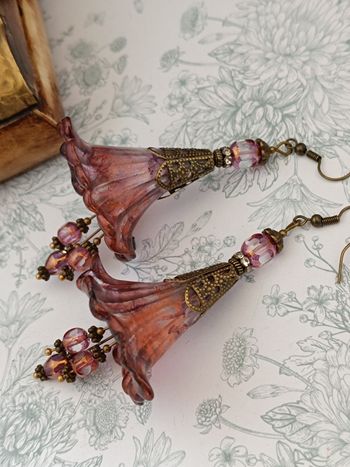 Boucles d’oreilles Fleurs féeriques Violet Prune, Rose Cuivré & Bronze Antique