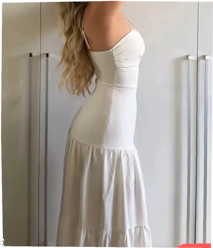 Robe longue blanche femme été chic fluide taille M élégante décolleté - photo numéro 3