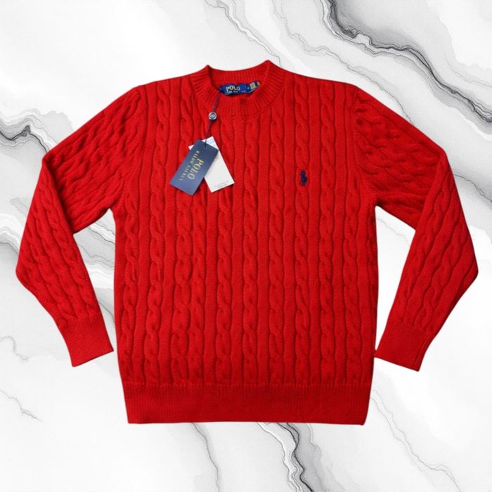 Pull torsadé col rond Polo Ralph Lauren rouge taille S logo brodé jaune - photo numéro 2