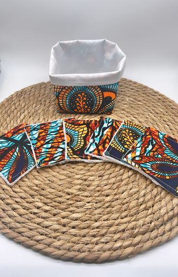 Panier + 6 lingettes lavables wax bleu   fait main