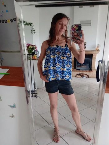 Top femme 40 bleu et moutarde c69